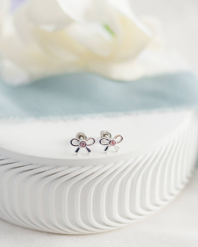 Girls Sterling Silver Pink Bow Screw Back Earrings for Kids
