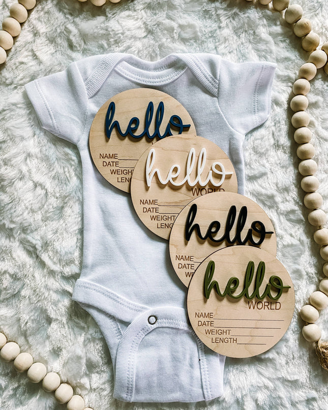Hello World Birth Stat Announcement Wood Disc - Layered 3D