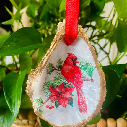 Oyster Shell Ornament, Cardinal and Poinsettia Ornament
