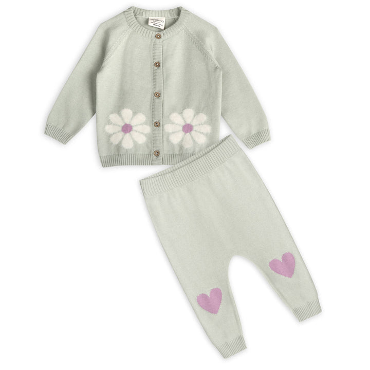 Flower & Heart Baby Sweater Cardigan & Pants Set
