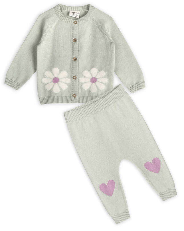 Flower & Heart Baby Sweater Cardigan & Pants Set
