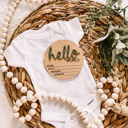 Hello World Birth Stat Announcement Wood Disc - Layered 3D