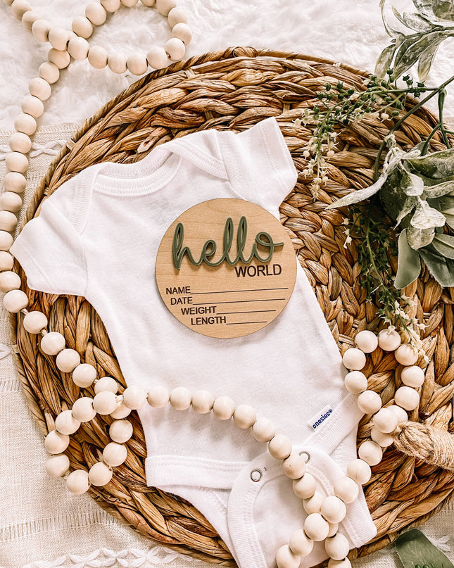 Hello World Birth Stat Announcement Wood Disc - Layered 3D