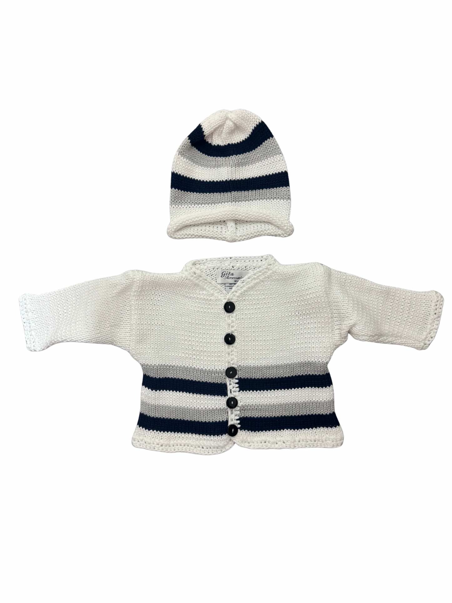White/Navy and Grey Stripe Sweater and Hat