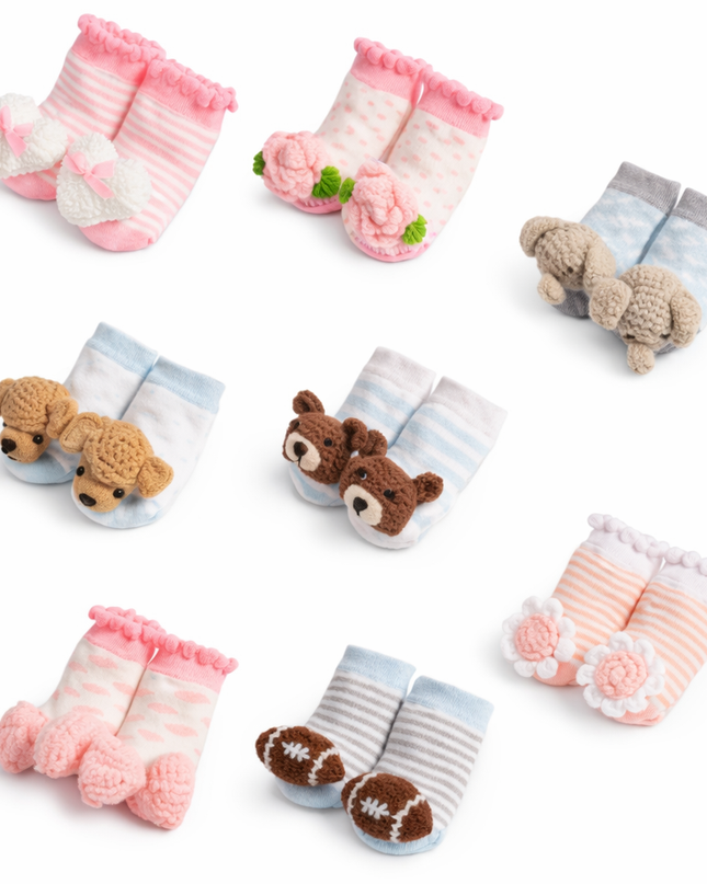 Baby Rattle Socks – Soft Knit Animal & Pom Pom Newborn Socks for Boys & Girls