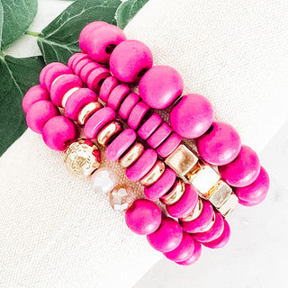 4-Strand Wood Beaded Bracelet Set Fuchsia/Gold