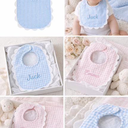 Personalized Gingham Baby Bib with Scalloped Trim – Classic Baby Gift