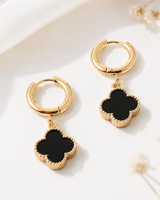 Gold Black Clover Hoop Earrings | Elegant Charm Drop Earrings
