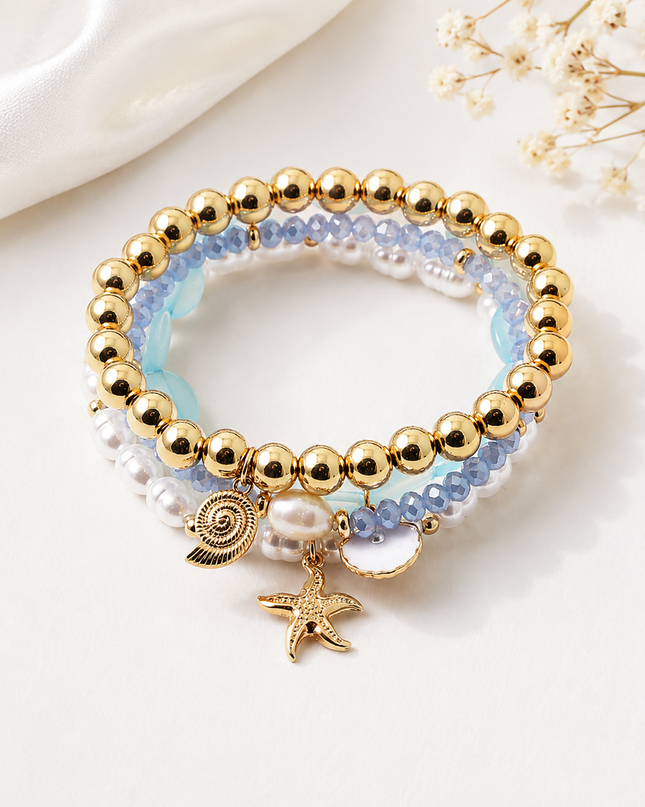 Coastal Charm Beaded Bracelet Stack | Gold & Blue Stretch Bracelets