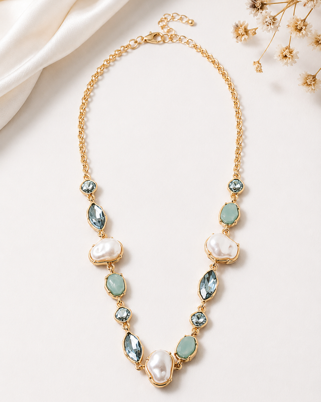 Gold Pearl & Blue Gemstone Statement Necklace | Elegant Coastal Jewelry