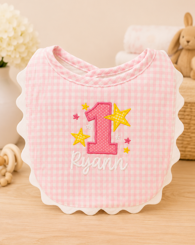 Personalized Pink Gingham Scallop Bib