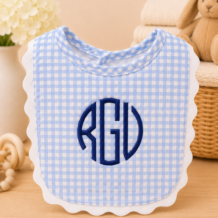 Personalized Blue Gingham Scallop Bib