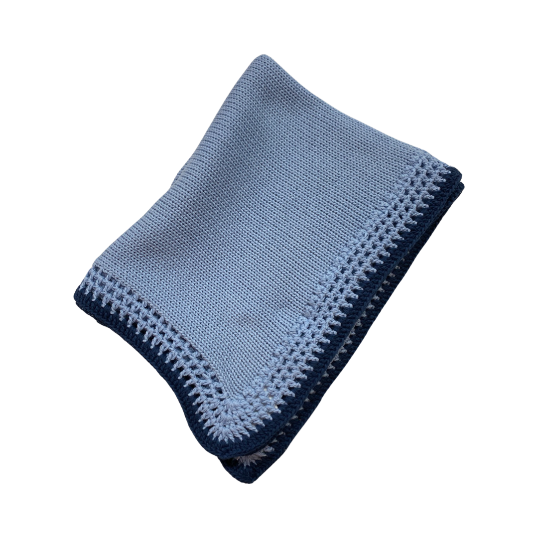 Blue with Navy Trim Tweed Hand Knit Blanket