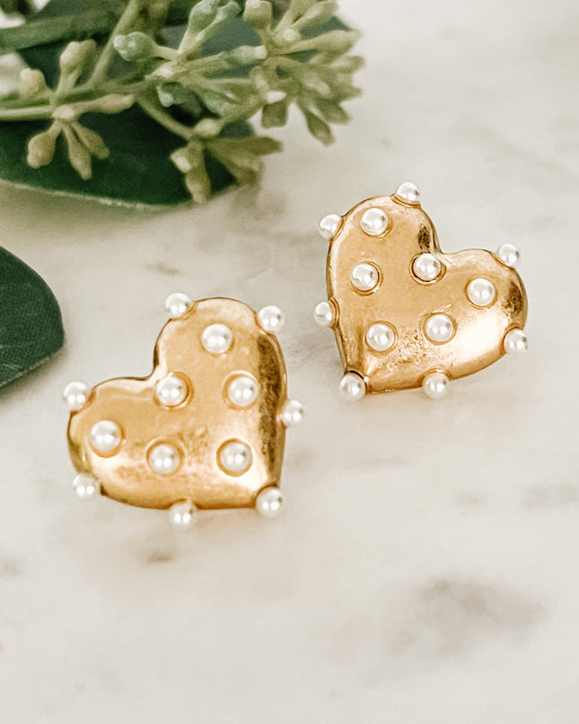 Pearl Encrusted Gold Heart Stud Earrings