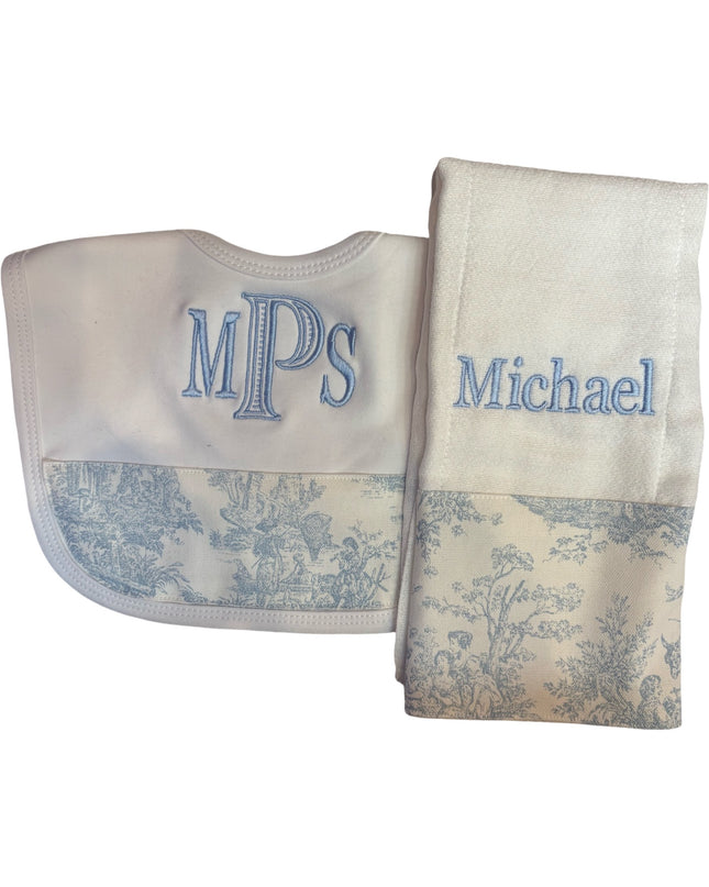 Personalized bib and burp cloth set — shown with embroidered name example