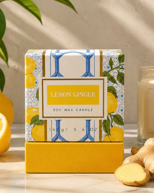 Lemon Ginger Soy Candle – Fresh Citrus & Warm Ginger Scent | Hand-Poured Natural Soy Wax Candle | 5.6 oz