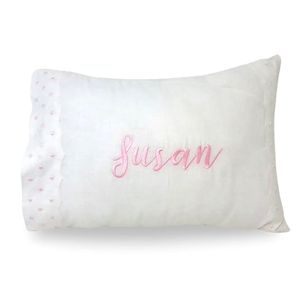 Personalized dot pillow — shown with embroidered name, blue colorway