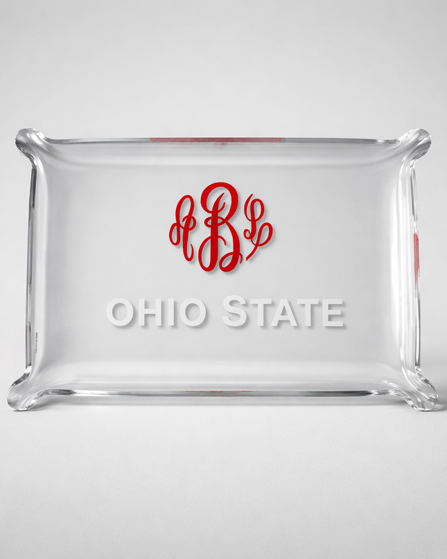 Personalized acrylic trinket tray — shown with jewelry and accessories