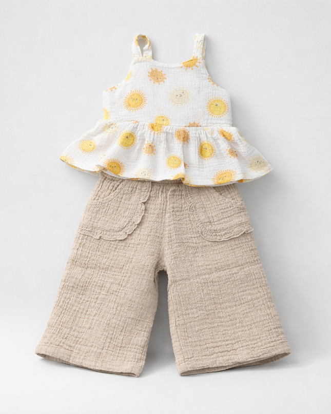 Baby Girl Happy Sun Peplum Top And Gauze Pants Set – Toddler Summer Outfit