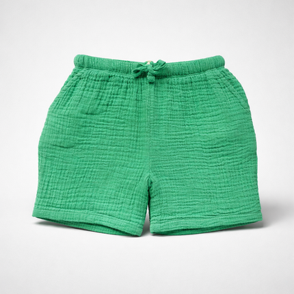 Green Cotton Gauze Shorts – Soft Elastic Waist Summer Shorts For Kids