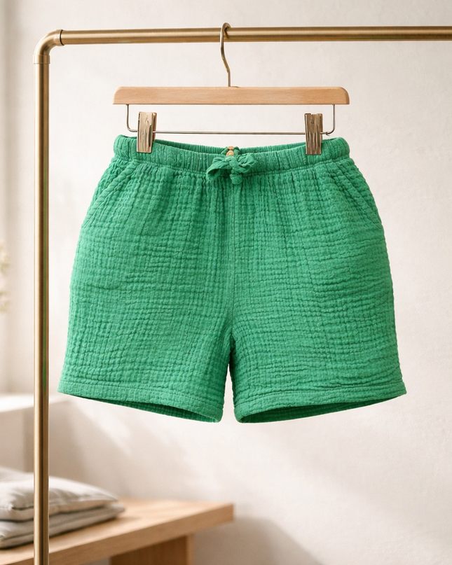 Green Cotton Gauze Shorts – Soft Elastic Waist Summer Shorts For Kids