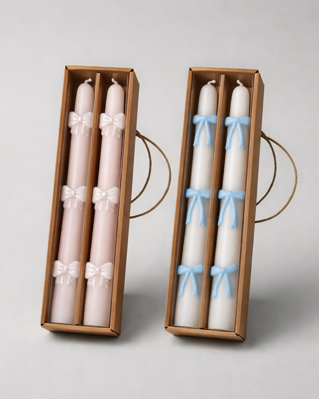 Decorative Bow Taper Candles Set – Pink or Blue Ribbon Candles Gift Set