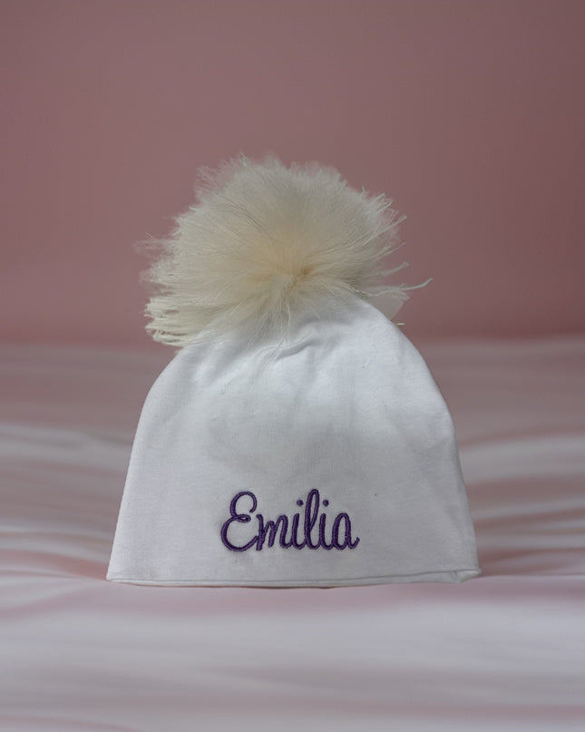 Personalized cotton hat with fur pom — embroidered name, baby and toddler winter gift