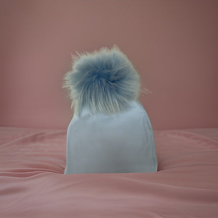 Personalized cotton hat with fur pom — shown in pink colorway
