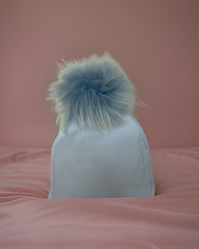 Personalized cotton hat with fur pom — shown in pink colorway