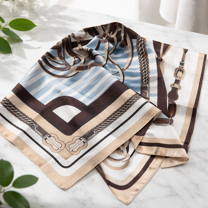 Luxury Silk Scarf with Equestrian Chain Print – Blue, Beige & Brown Designer Style Square Scarf