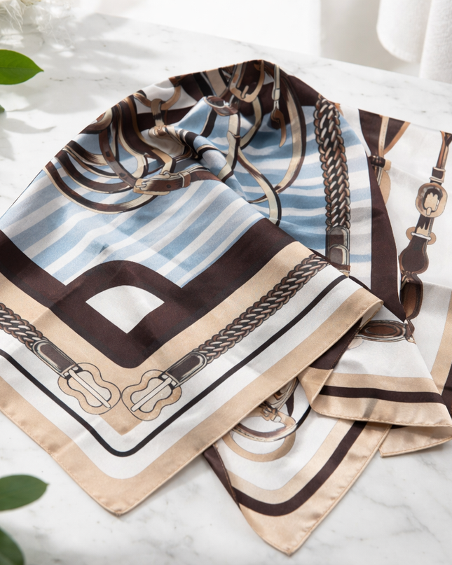 Luxury Silk Scarf with Equestrian Chain Print – Blue, Beige & Brown Designer Style Square Scarf