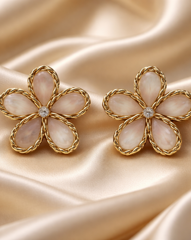 Gold Flower Statement Earrings with Mother of Pearl Petals – Elegant Floral Stud Earrings