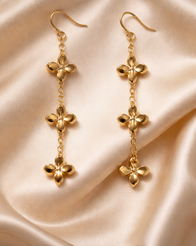 Gold Floral Drop Earrings – Triple Flower Dangle Earrings with Delicate Chain