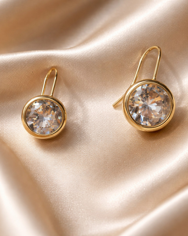 Gold Bezel Crystal Drop Earrings | Elegant Round Sparkle Earrings for Everyday & Special Occasions