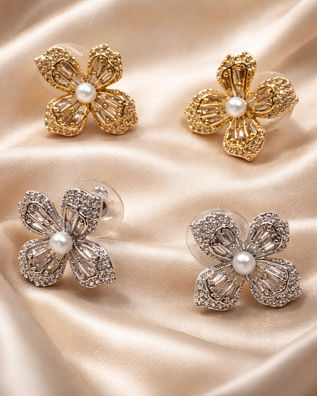Crystal Flower Stud Earrings with Pearl Center | Gold & Silver Floral Statement Earrings