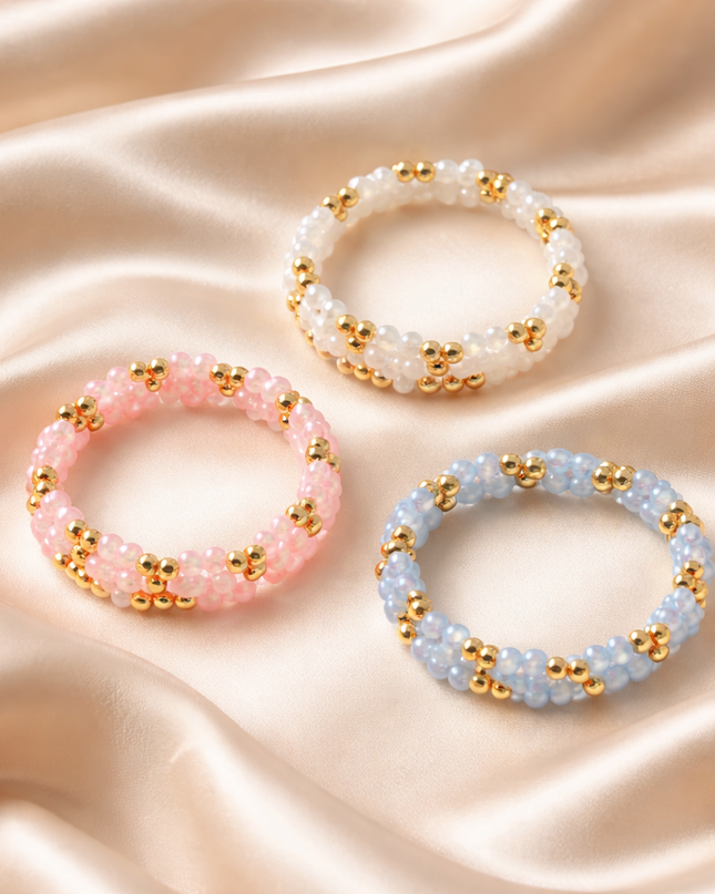 Beaded Stretch Bracelets with Gold Accents | Pink, Blue & White Stackable Bracelets