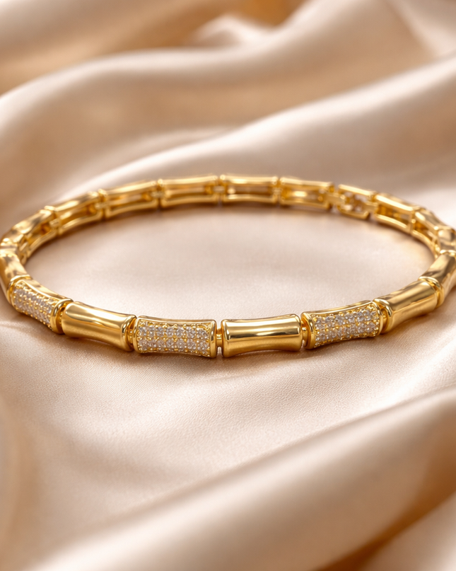 Gold Bamboo Link Bracelet with Crystal Accents | Elegant Stretch Statement