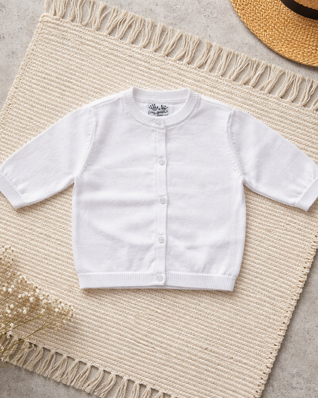 Pearl button sweater white — classic baby clothing, baby shower gift