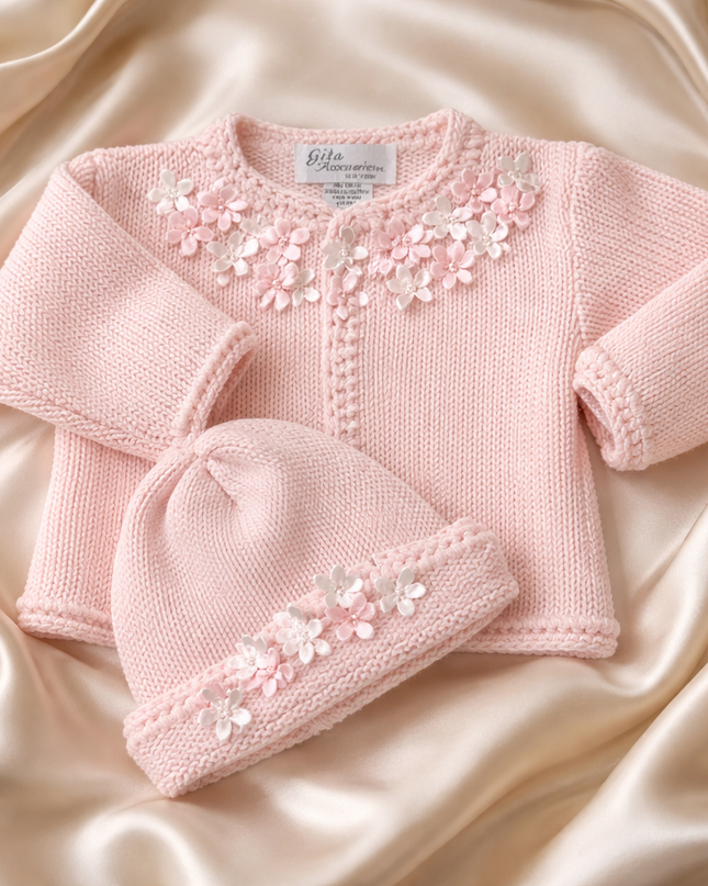 Hand Knit Baby Sweater and Hat Set – Pink  Pearl Flowers