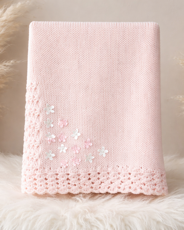 Personalized Hand Knit Baby Blanket – Soft Pink Floral Heirloom Gift