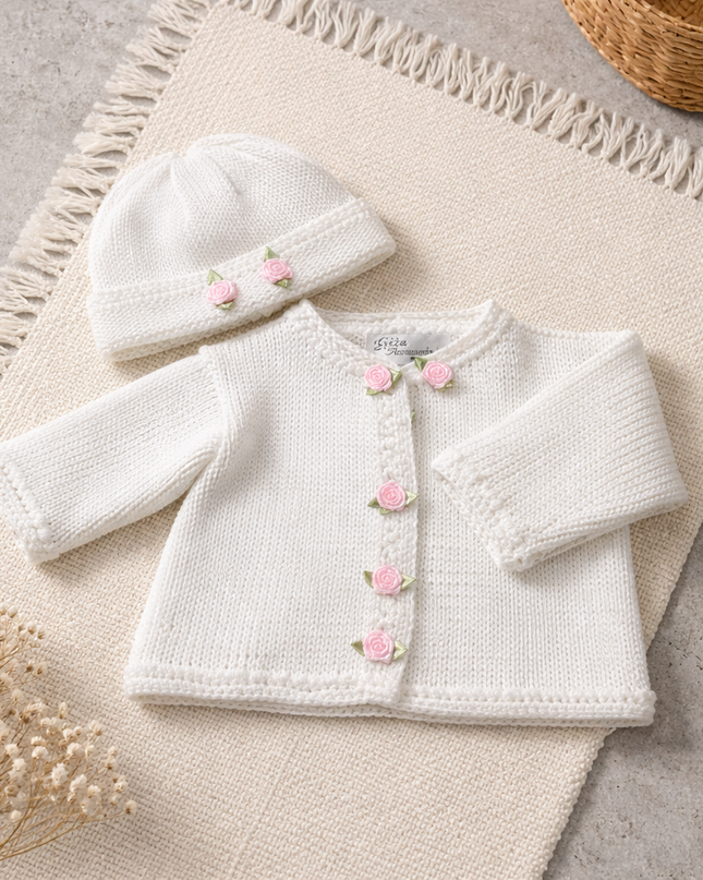 White Hand Knit Sweater and Hat with Pink Rose Bud Flowers