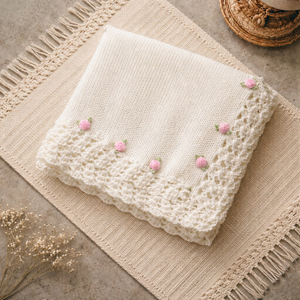 White Hand Knit Blanket with Rose Bud Flower