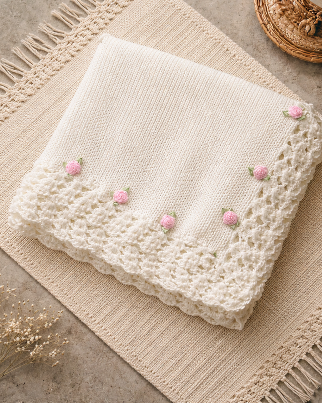 White Hand Knit Blanket with Rose Bud Flower