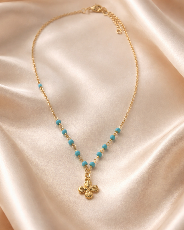 Turquoise Beaded Clover Charm Necklace – Gold Dainty Lucky Clover Necklace