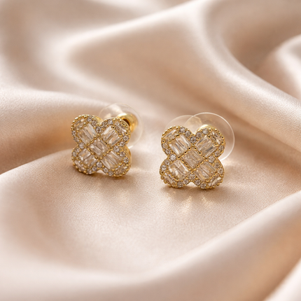 Gold Clover Crystal Stud Earrings