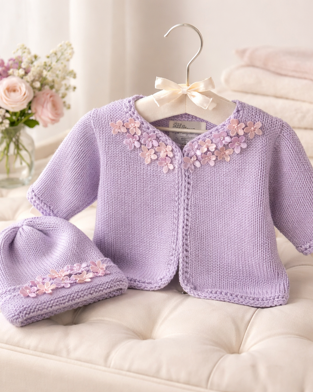 Lavender Hand Knit Sweater and Hat with Pearl Flowers