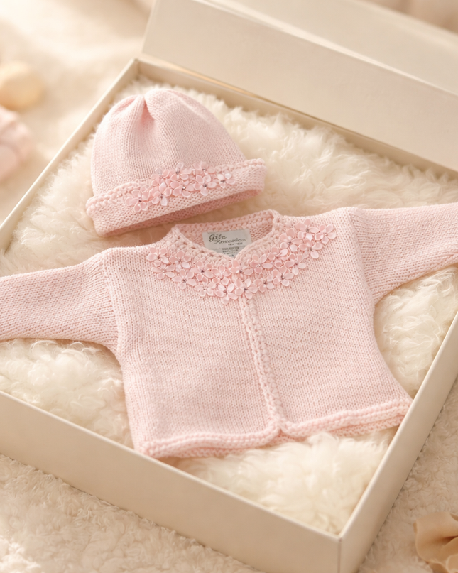 Pink hand knit sweater and hat with rhinestone flowers — luxury baby clothing gift