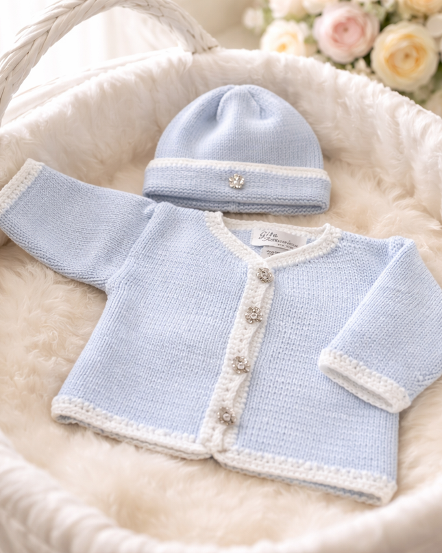 Hand knit white and blue tweed sweater and hat set — luxury baby clothing gift
