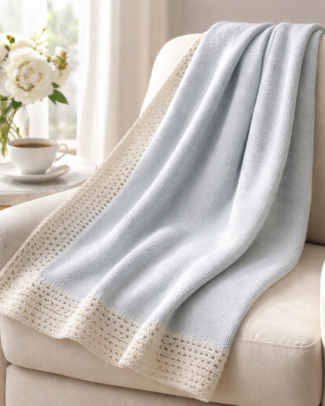 Lt. Blue with Denim Trim Hand Knit Blanket