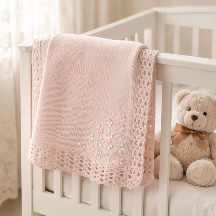 Pink Hand Knit Blanket with Pearl Flowers